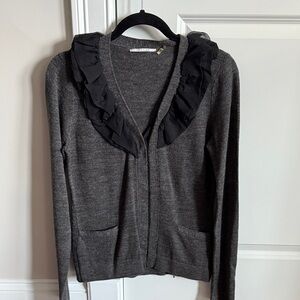 T Tahari Charcoal Cardigan with Black Ruffle